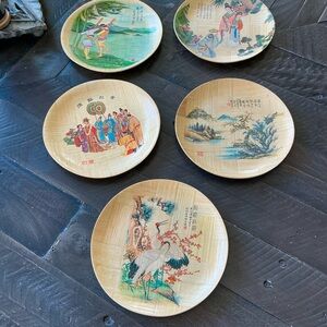Vintage Collectible Set Of 5 painted Bamboo Platter Plates  Asian Art
